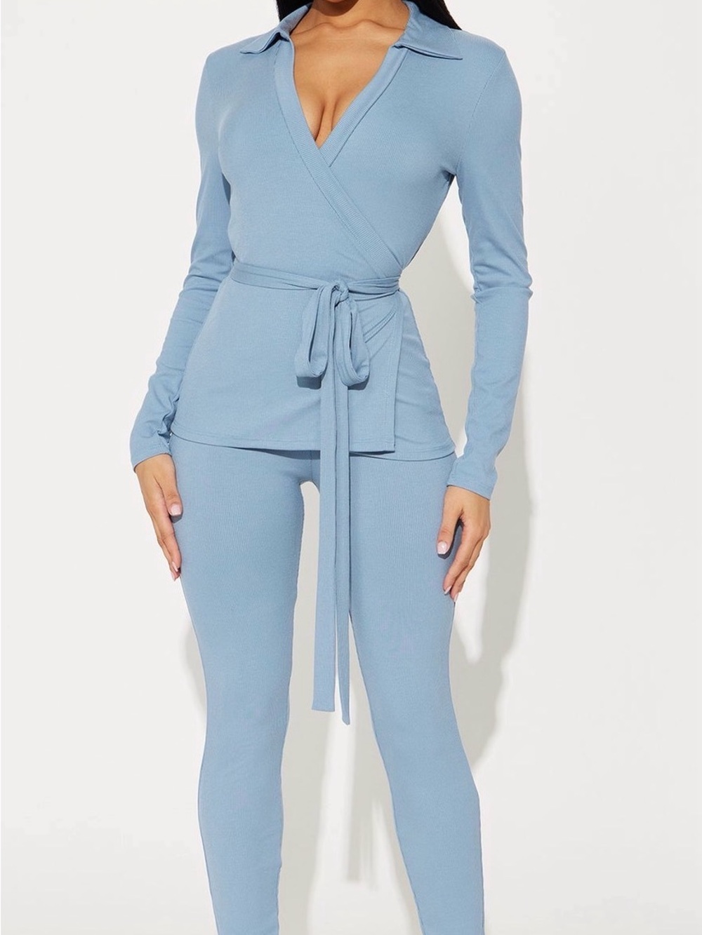 Fashion Nova Light Blue Ribbed Two-Piece Set